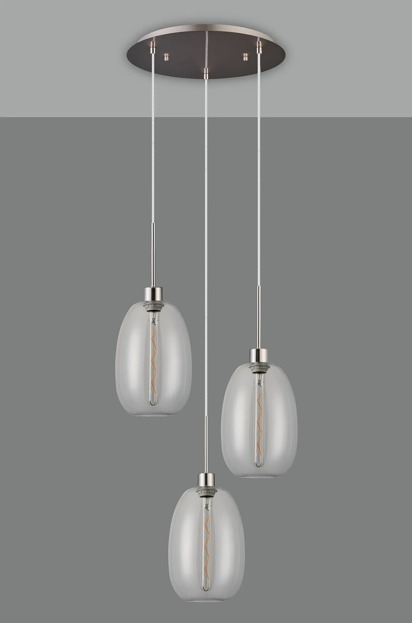 Lori 40cm Round Pendant, 3 Light Adjustable E27, Satin Nickel/Clear Slim Curved Trapezium Shades DK1361  Deco Lori Satin Nickel